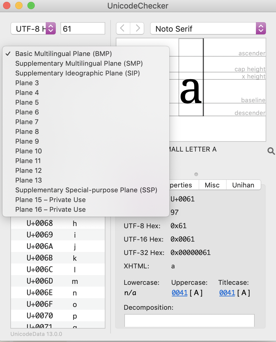 Unicode planes in UnicodeChecker