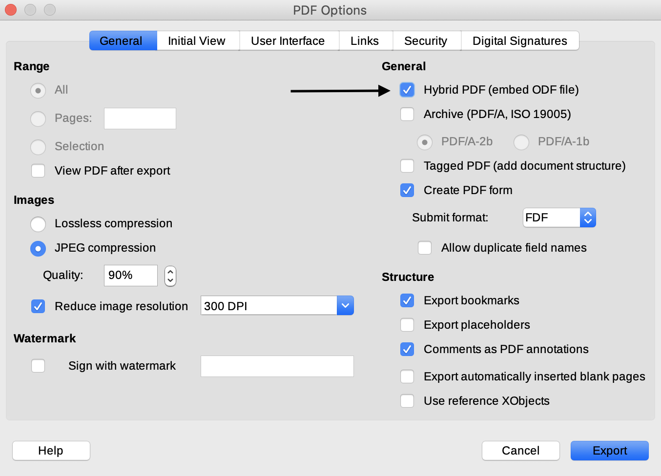 LibreOffice: embed ODF file in PDF