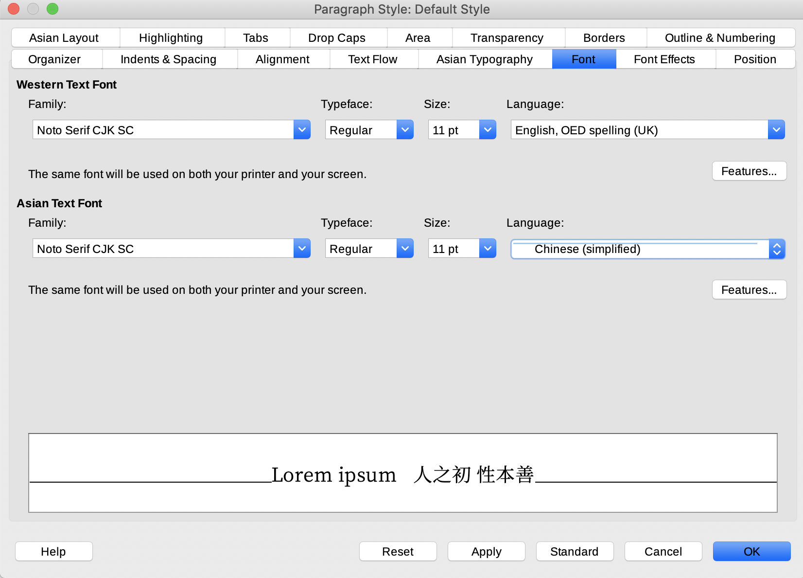 Selecting a CJK font in LibreOffice