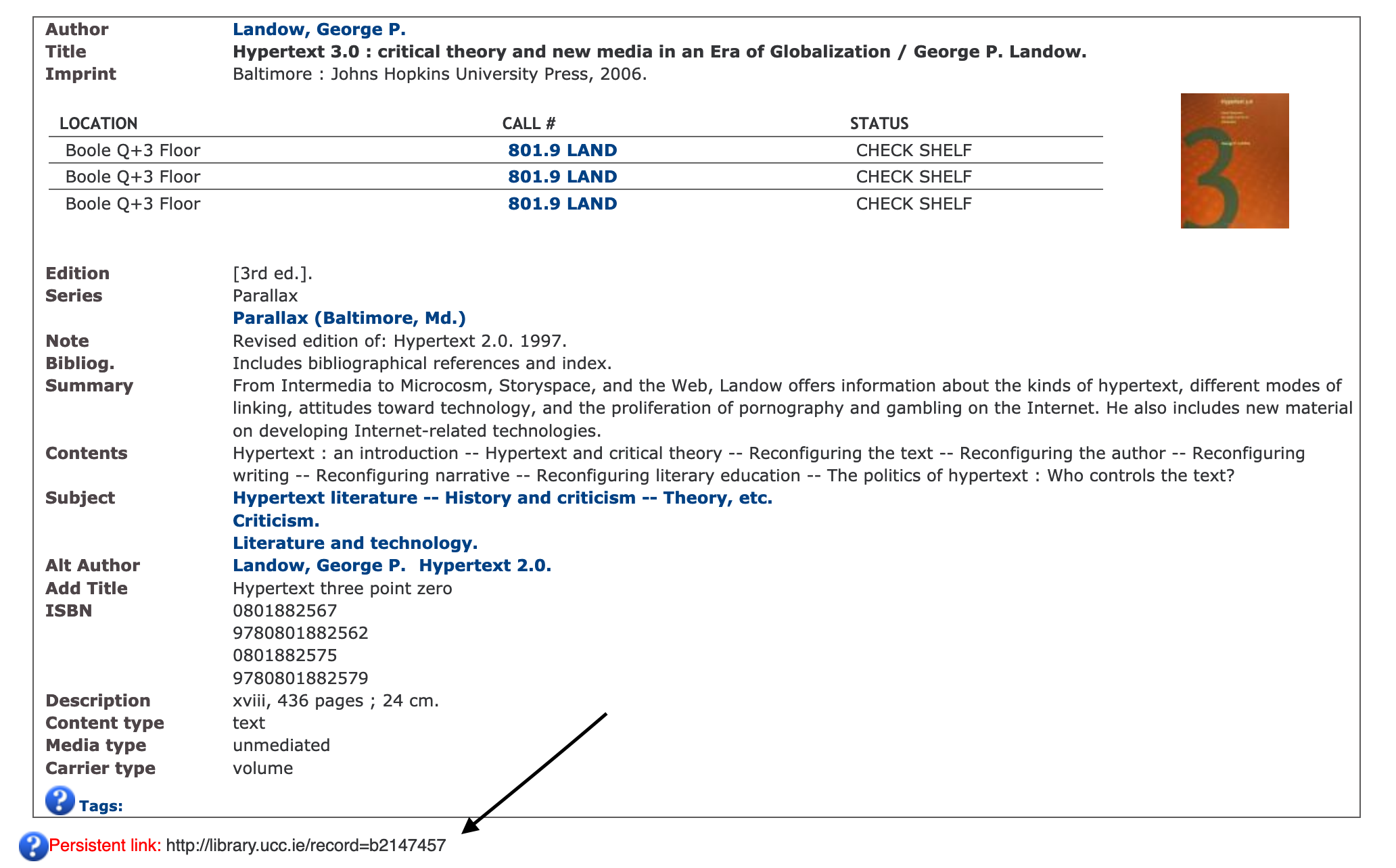 Persistent link in a library catalogue page