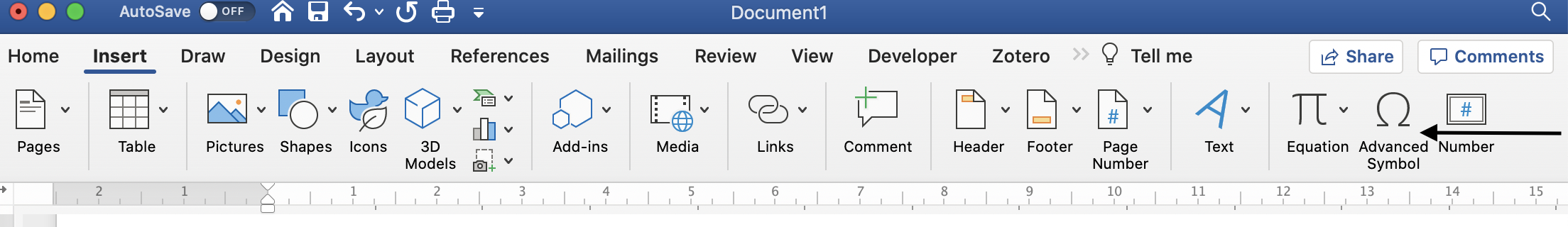 Accessing the symbol menu in Word