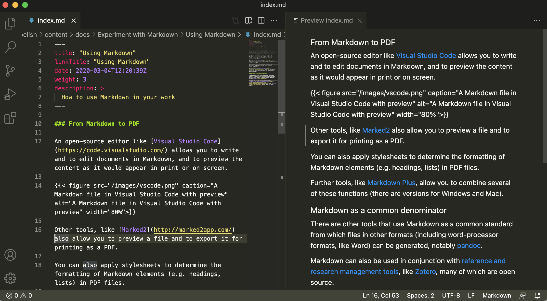 A Markdown file in Visual Studio Code with preview