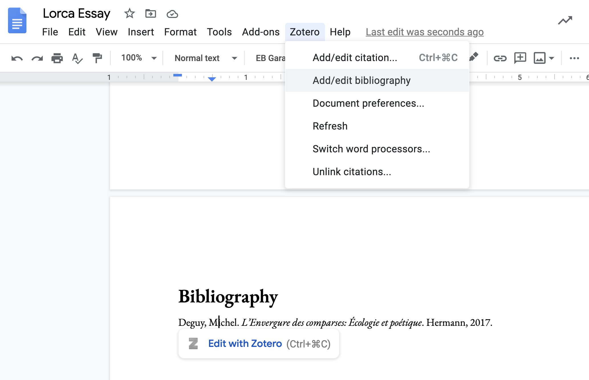 A bibliography generated with Zotero